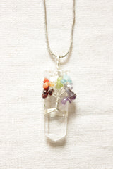 7 Chakra Tree of Life Natural Stone Beads Wrapped on a Natural Cut Glass Stone Pendant Brass Chain Necklace