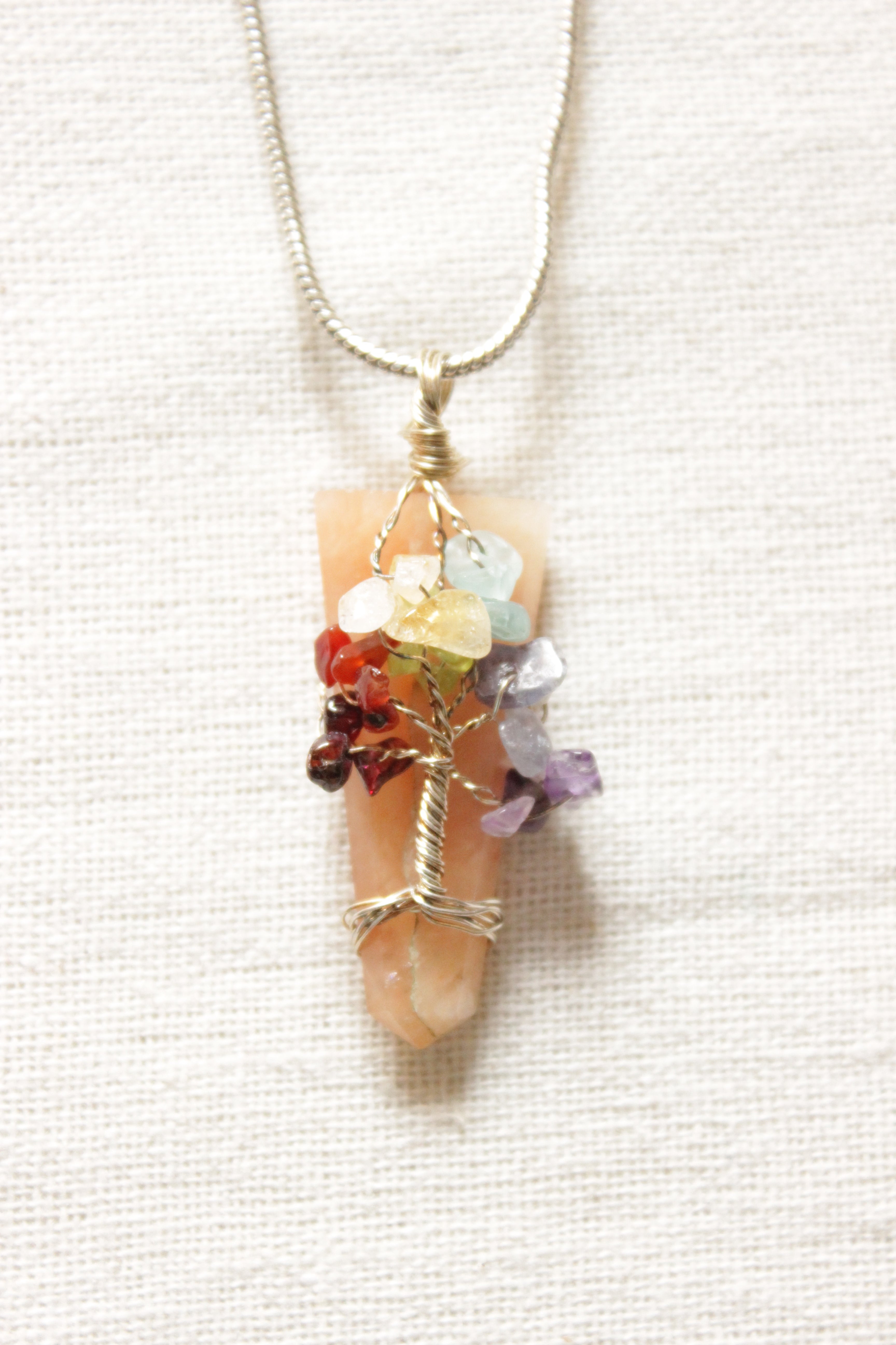 7 Chakra Tree of Life Natural Stone Beads Pendant Wrapped on a Natural Cut Stone Brass Chain Necklace