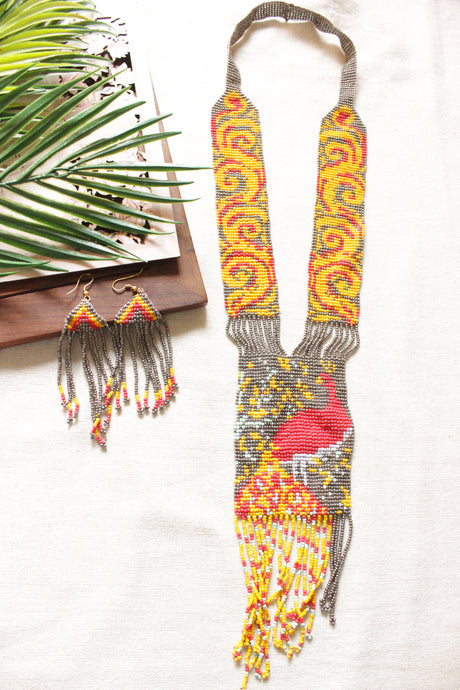 Yellow and Red Peacock Motif Seed Beads Handmade Beaded Necklace