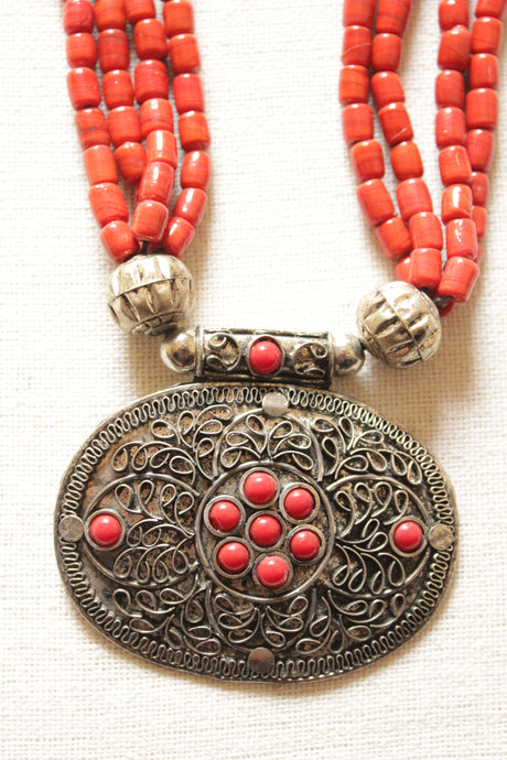 Coral Colored Beads Hand Braided Oxidised Finish Brass Pendant 4 Layer Necklace
