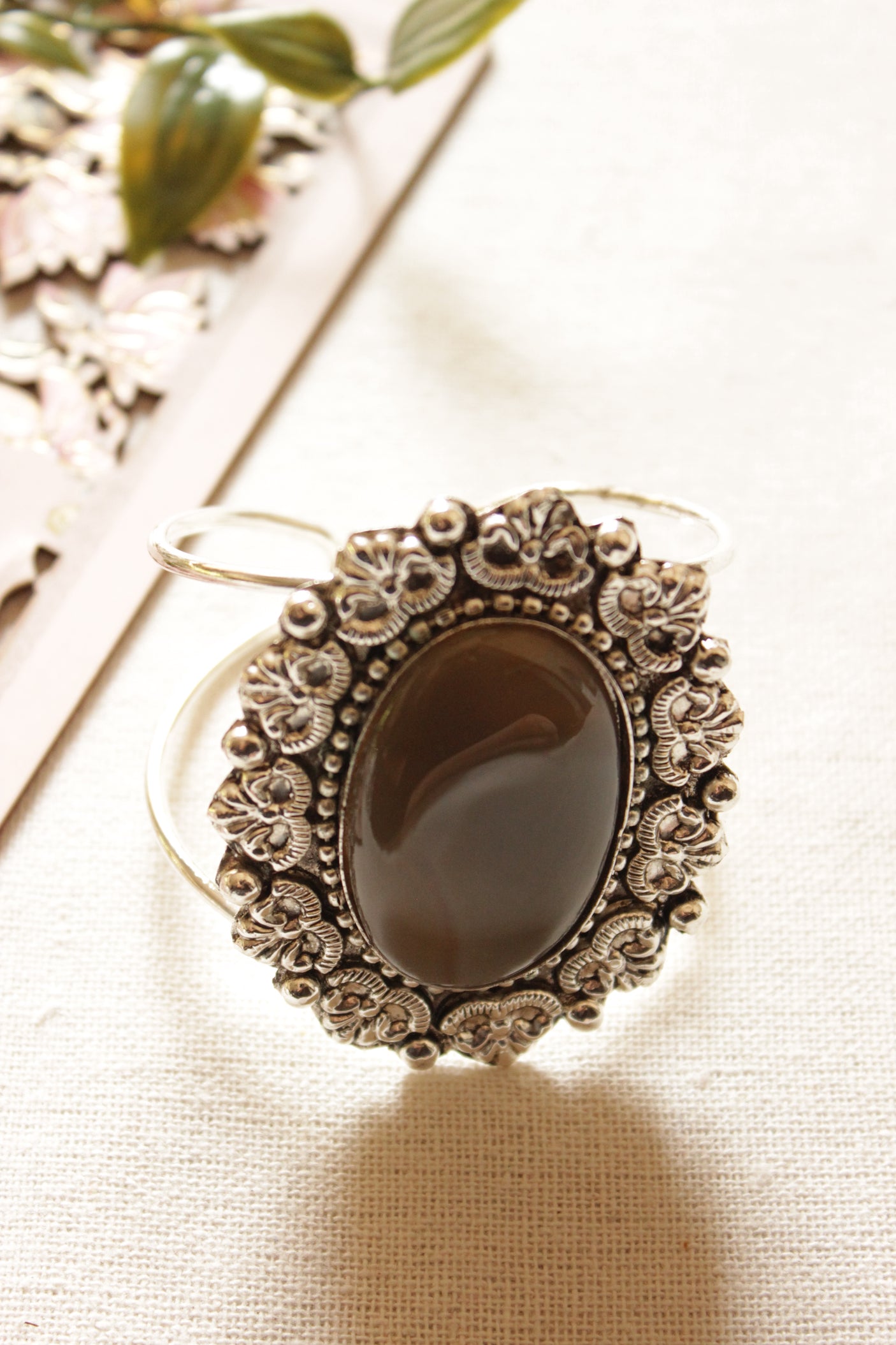 Brown Onyx Stone Embedded Oxidised Finish Adjustable Bracelet