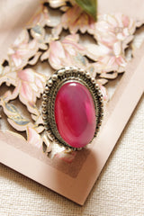 Pink Natural Stone Embedded Oxidised Finish Adjustable Finger Ring