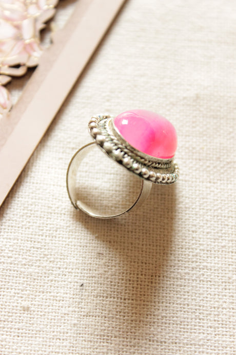 Pink Natural Stone Embedded Oxidised Finish Adjustable Finger Ring