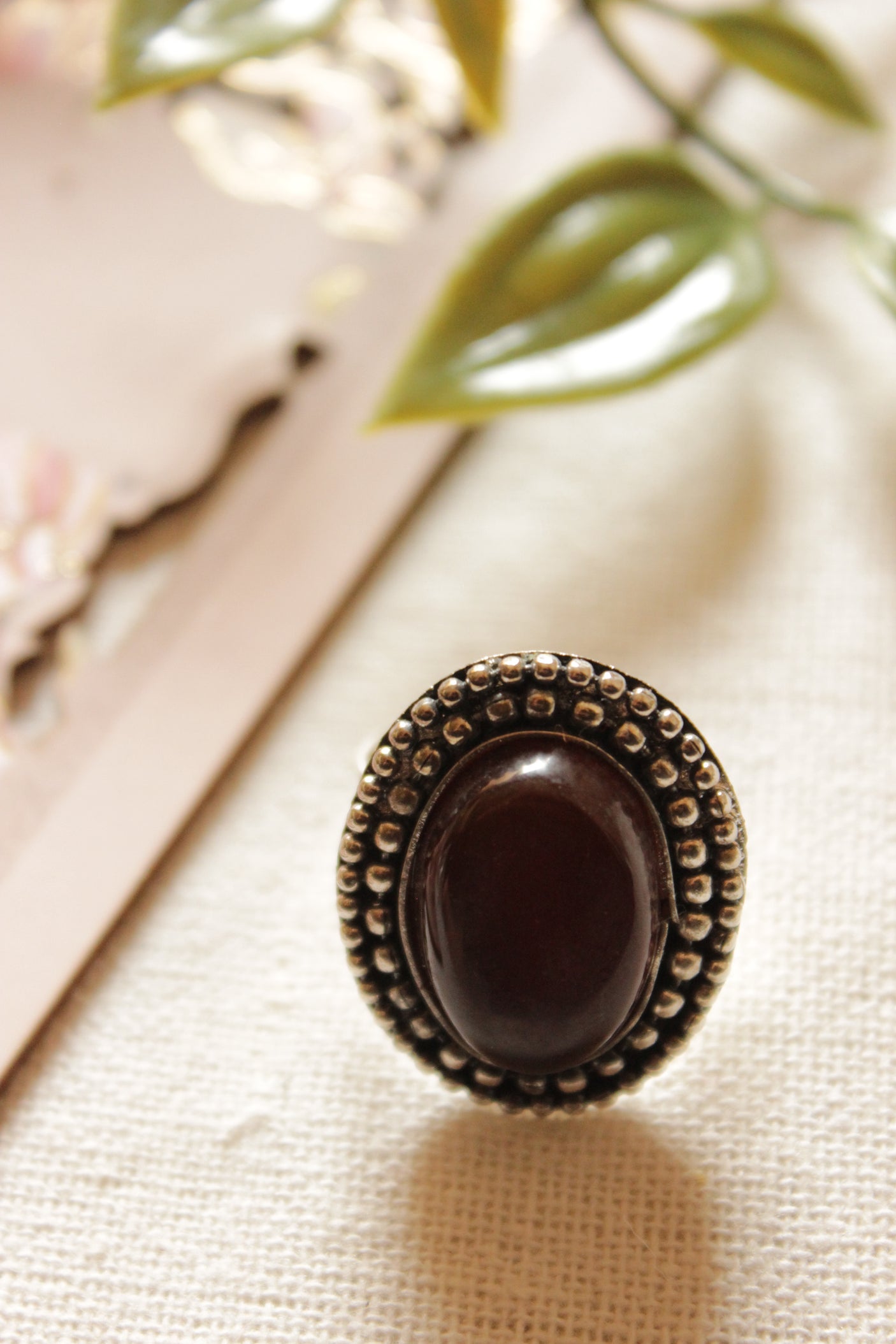 Brown Natural Gemstone Embedded Oxidised Finish Finger Ring