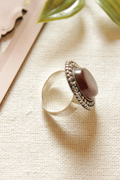 Brown Natural Gemstone Embedded Oxidised Finish Finger Ring