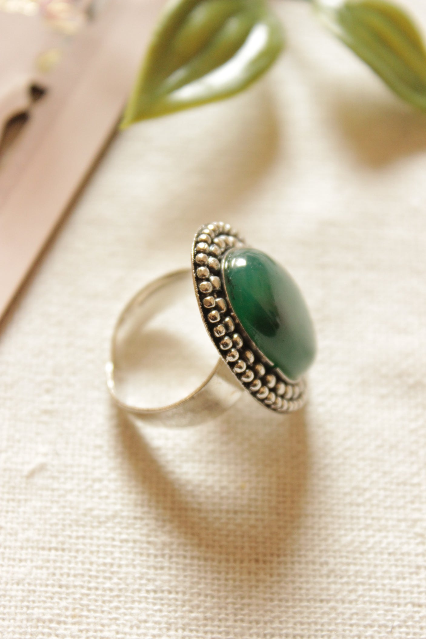 Green Natural Gemstone Embedded Oxidised Finish Finger Ring