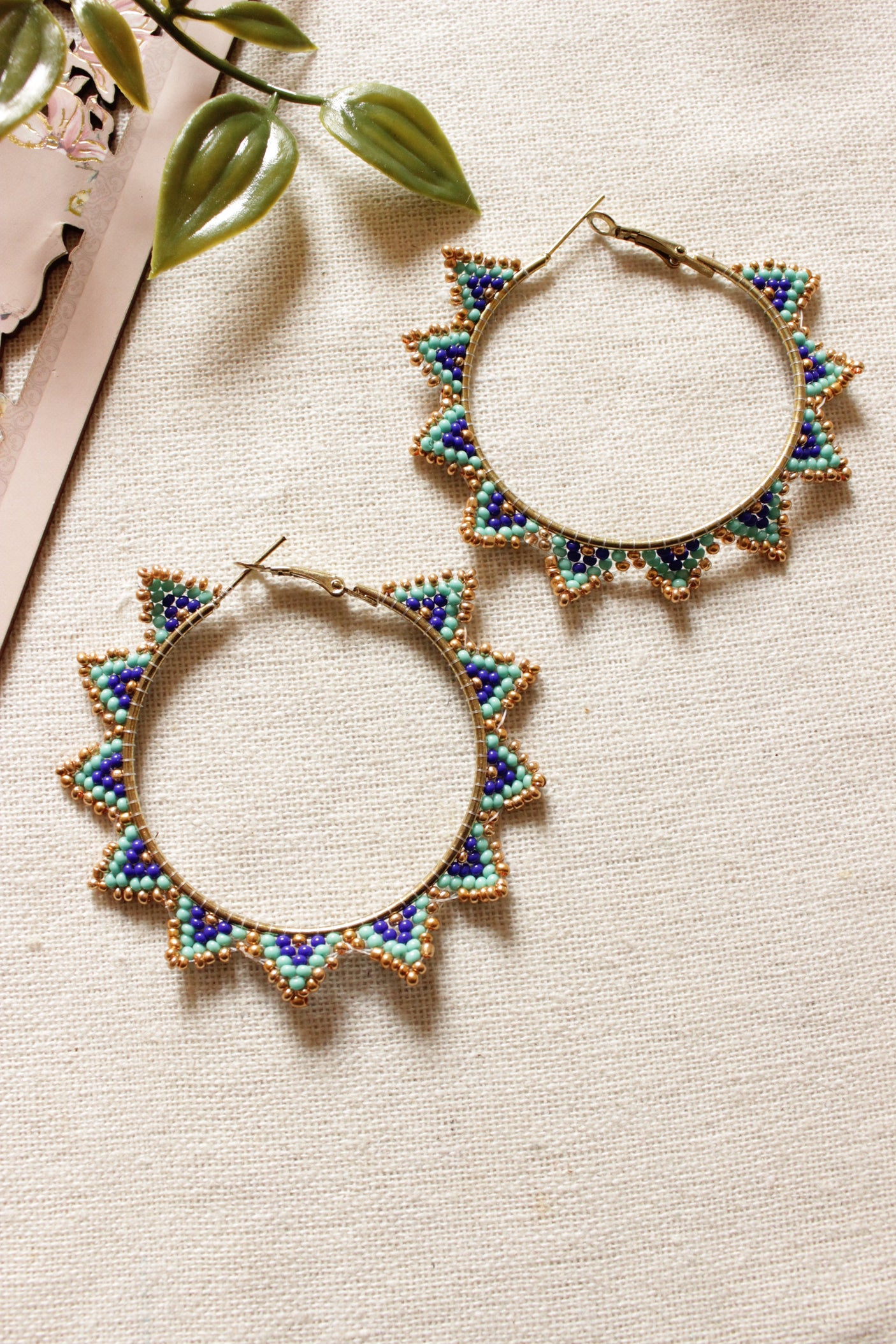 Shades of Blue and Gold Seed Beads Handmade Beaded Hoop Earrings