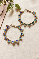 Shades of Blue and Gold Seed Beads Handmade Beaded Hoop Earrings