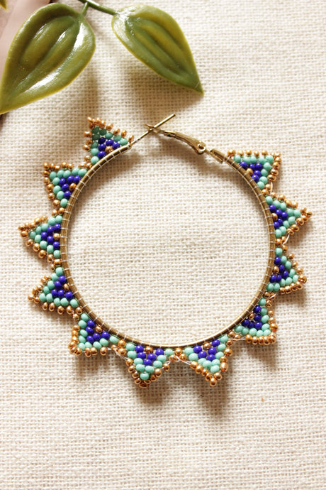 Shades of Blue and Gold Seed Beads Handmade Beaded Hoop Earrings