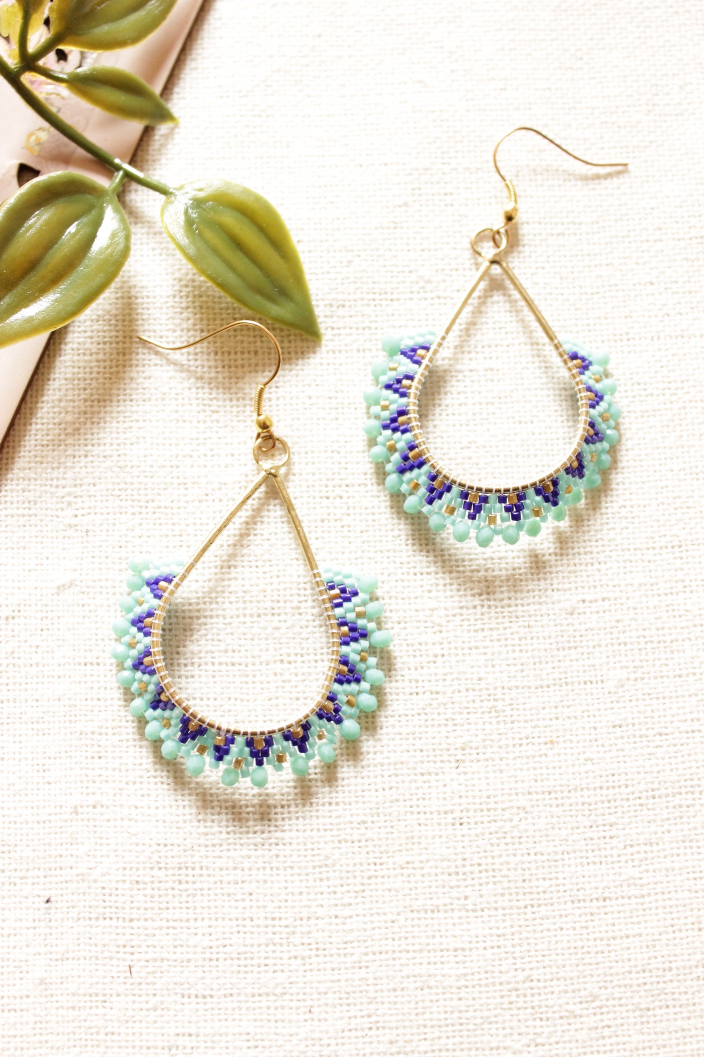 Shades of Blue and Gold Seed Beads Handmade Beaded Tear Drop Earrings