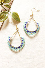 Shades of Blue and Gold Seed Beads Handmade Beaded Tear Drop Earrings