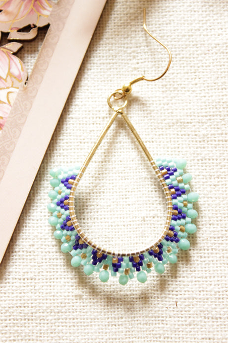 Shades of Blue and Gold Seed Beads Handmade Beaded Tear Drop Earrings