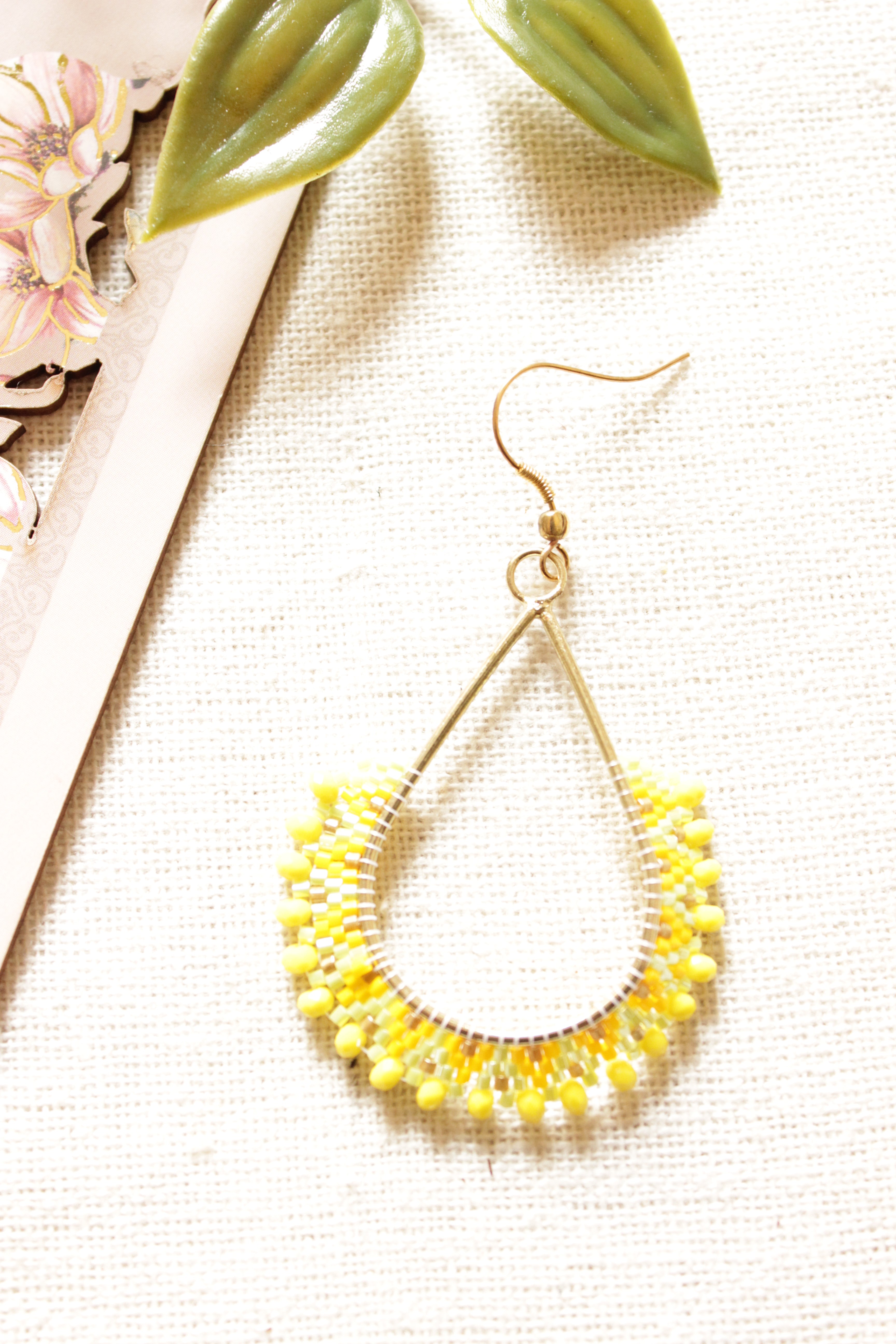 Shades of Yellow and Gold Seed Beads Handmade Beaded Tear Drop Earrings