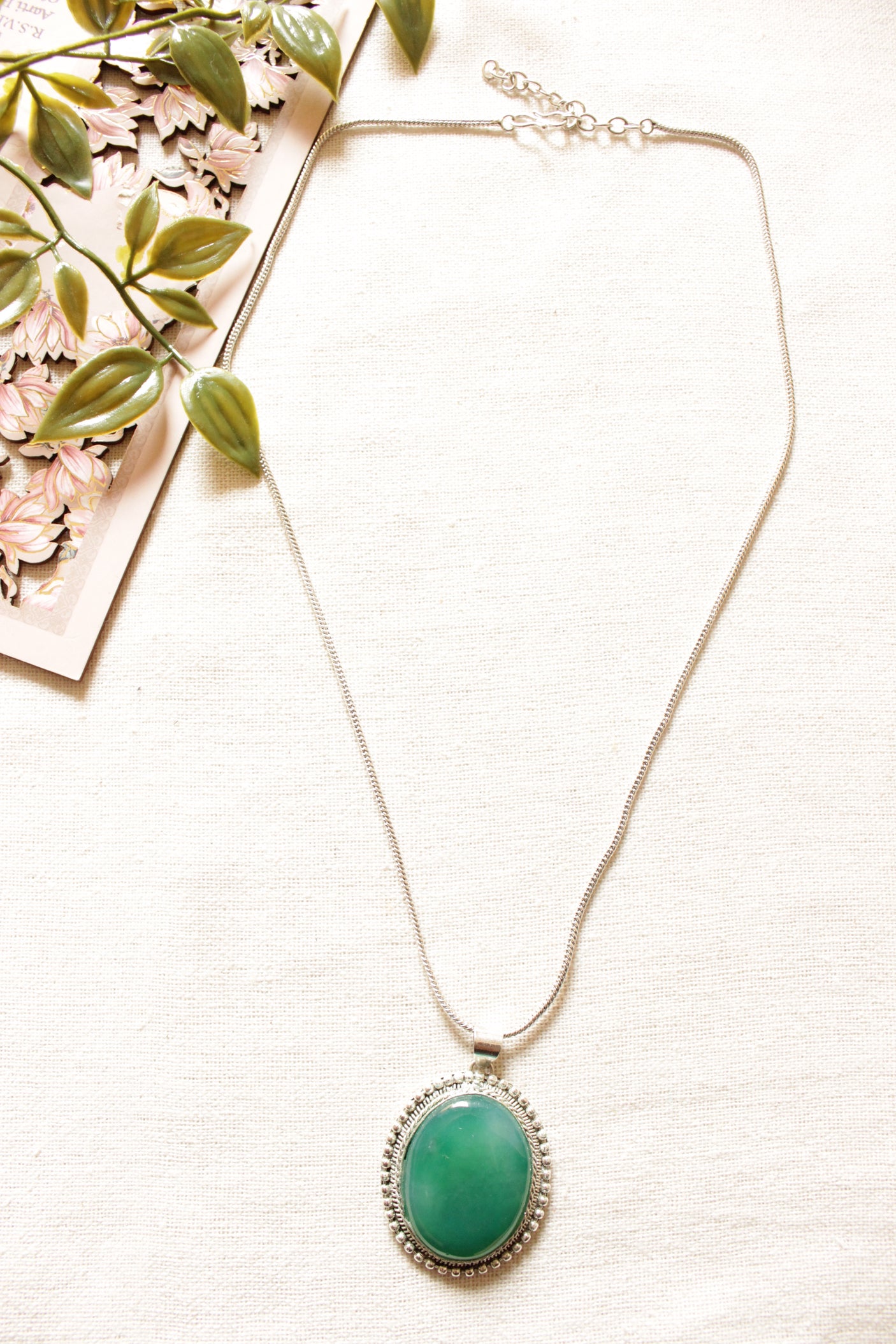Sea Green Natural Gemstone Embedded Silver Finish Chain Necklace
