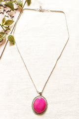 Fuchsia Natural Gemstone Embedded Silver Finish Chain Necklace