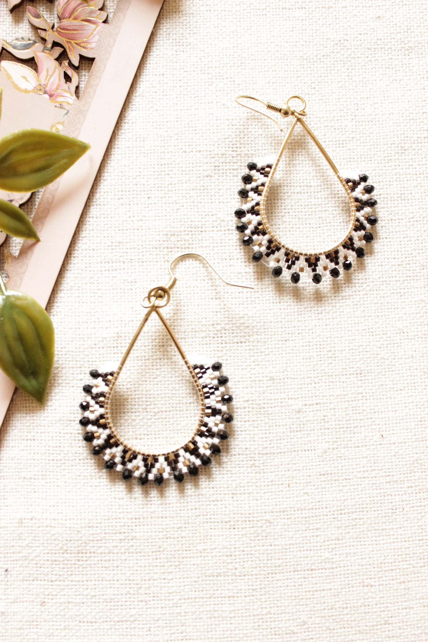 Shades of Black and White Seed Beads Handmade Beaded Tear Drop Earrings