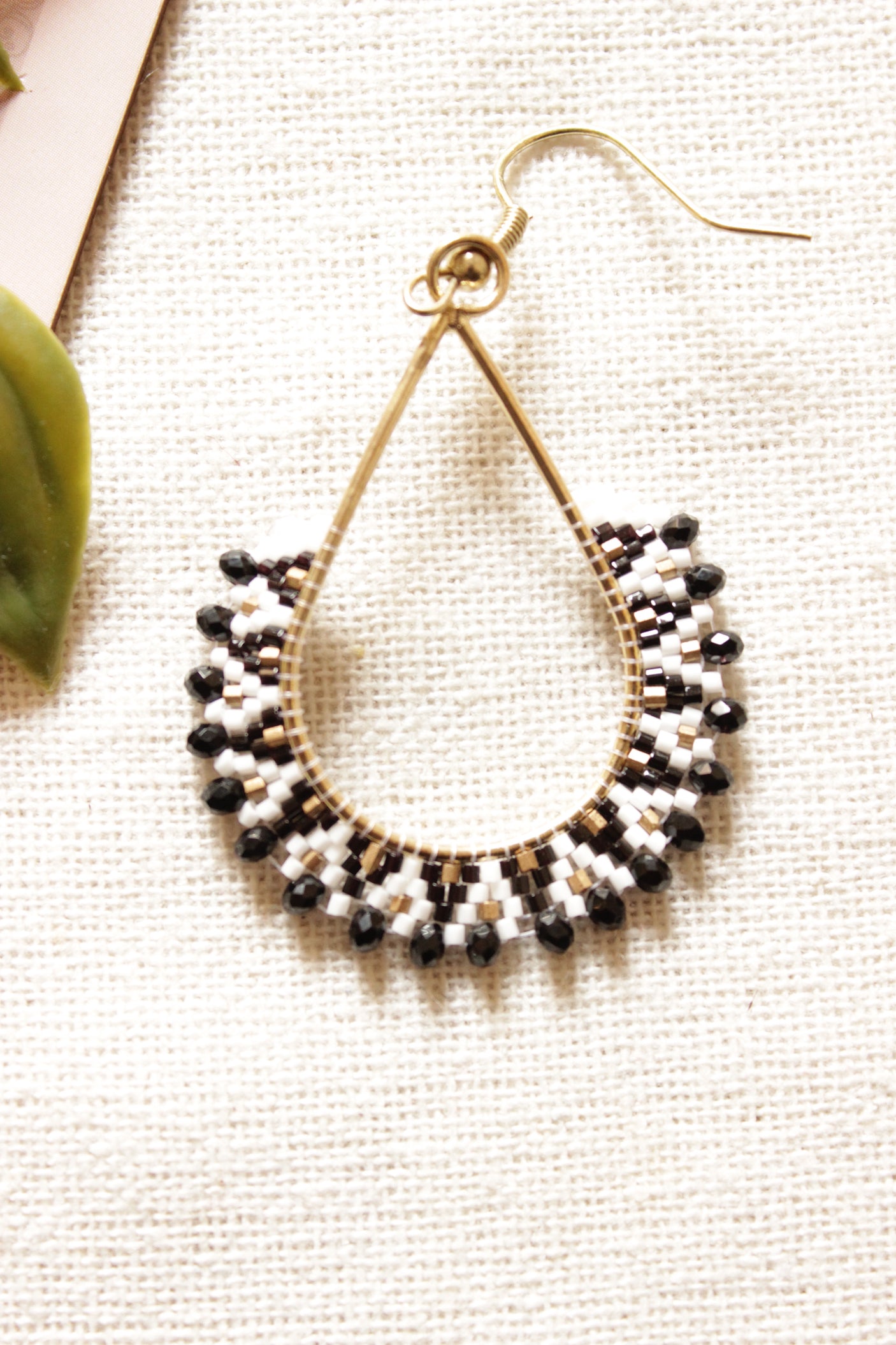 Shades of Black and White Seed Beads Handmade Beaded Tear Drop Earrings