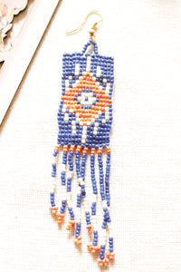 Blue and Orange Seed Beads Handmade Beaded Dangler Earrings