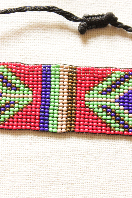 Red and Multi-Color Seed  Beads Handmade Beaded Bracelet with Adjustable Length