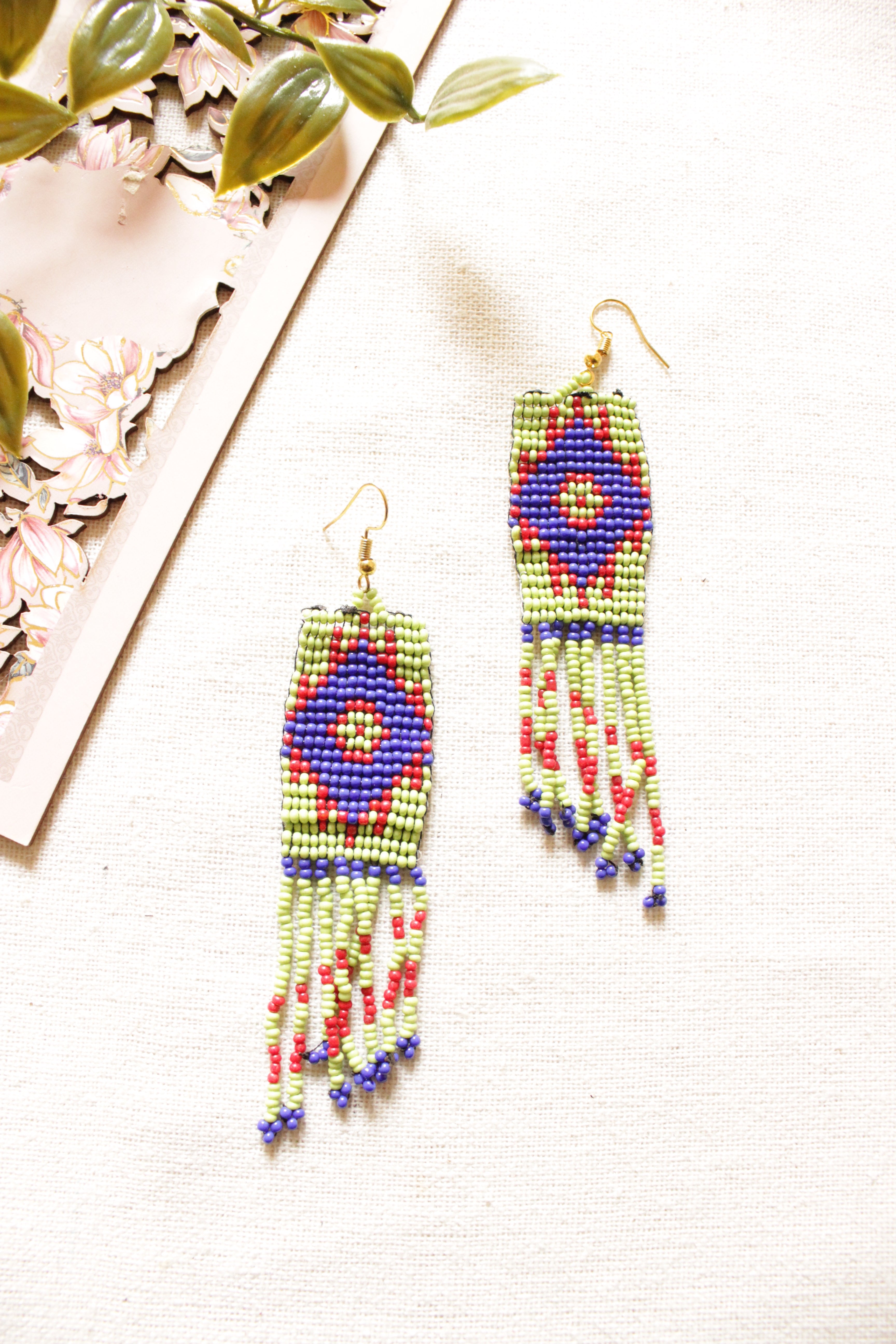 Violet and Sea Green Seed Beads Handmade Beaded Dangler Earrings