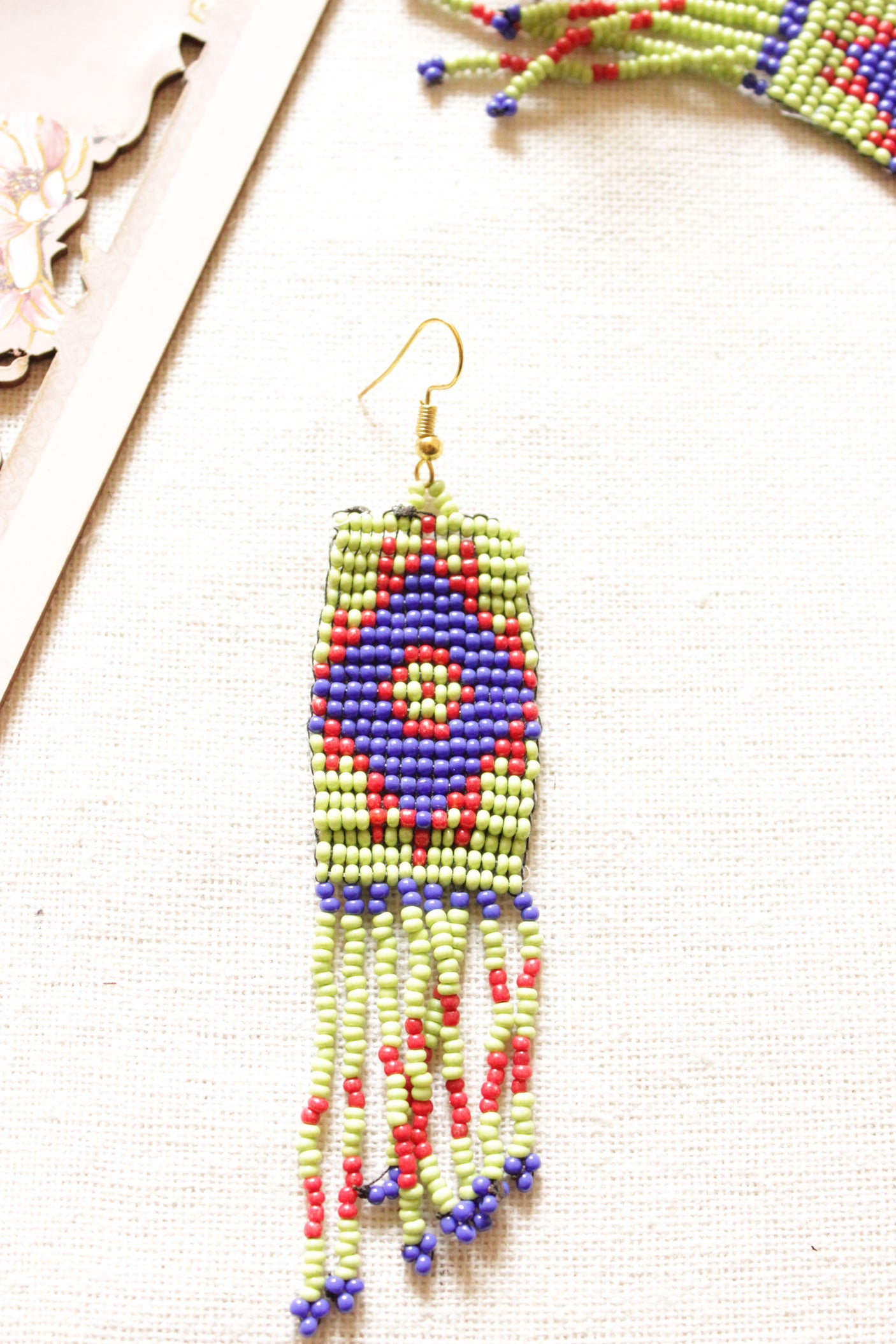 Violet and Sea Green Seed Beads Handmade Beaded Dangler Earrings