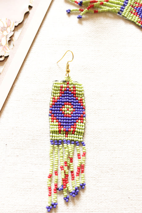Violet and Sea Green Seed Beads Handmade Beaded Dangler Earrings