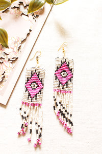 Ivory and Pink Earthy Seed Beads Handmade Beaded Dangler Earrings