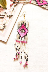 Ivory and Pink Earthy Seed Beads Handmade Beaded Dangler Earrings