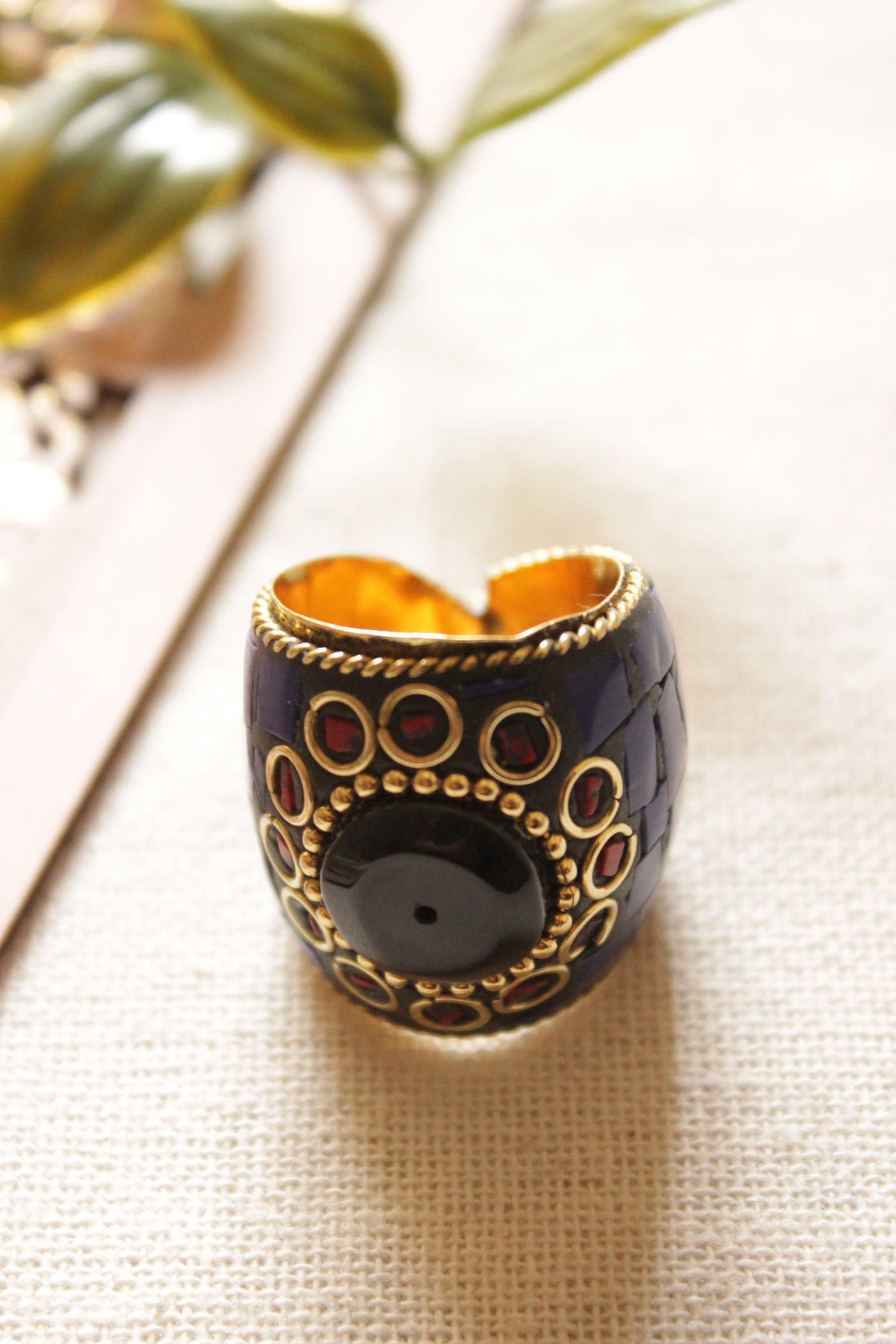 Blue and Gold Toned Tibetan Adjustable Ring