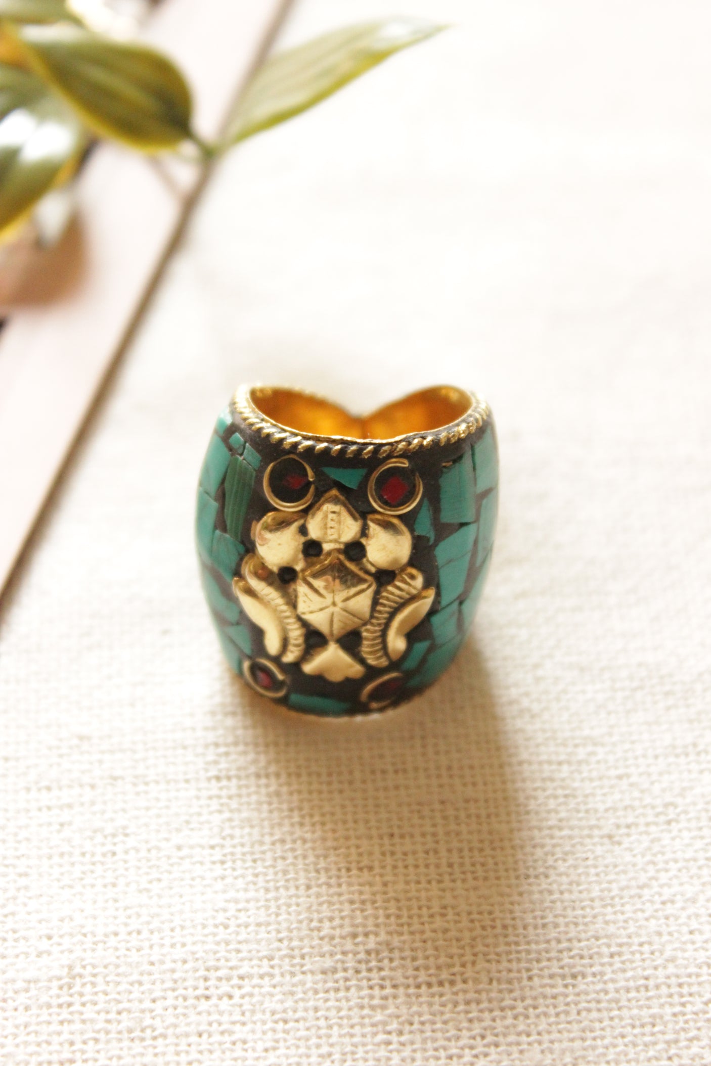 Turquoise and Gold Toned Tibetan Adjustable Ring
