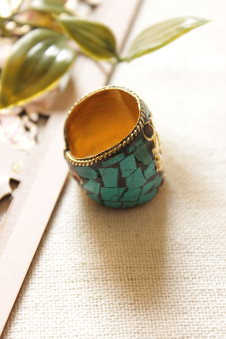 Turquoise and Gold Toned Tibetan Adjustable Ring