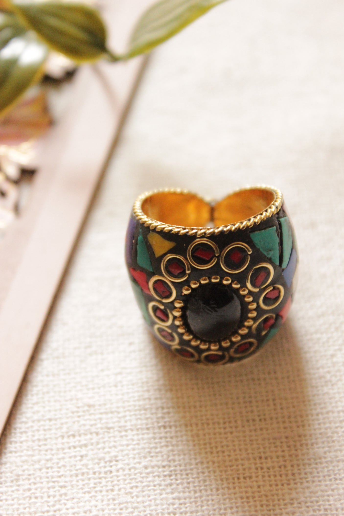 Multi-Color Gold Toned Tibetan Adjustable Ring