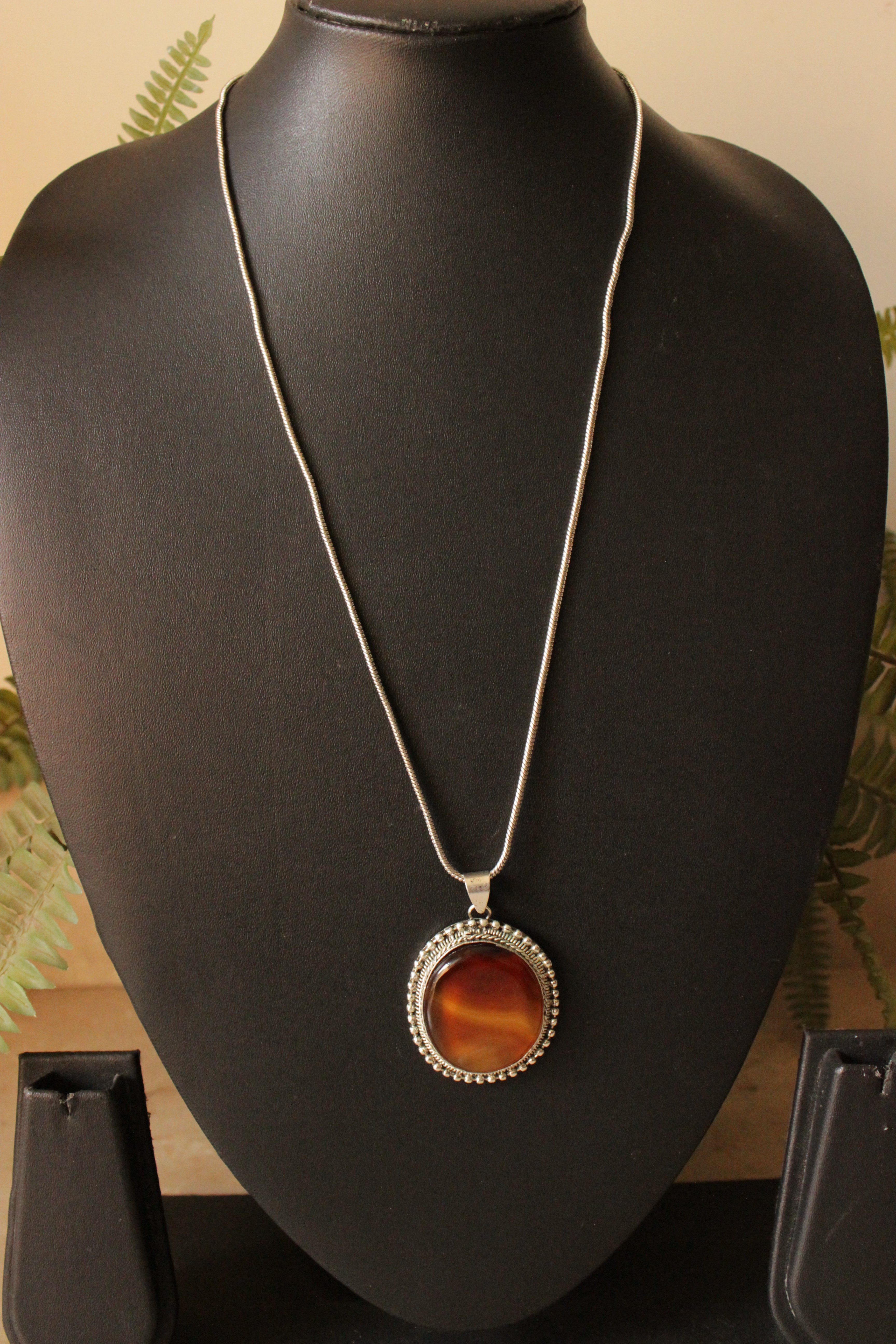 Shades of Brown Natural Gemstone Embedded Silver Finish Chain Necklace