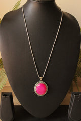 Fuchsia Natural Gemstone Embedded Silver Finish Chain Necklace