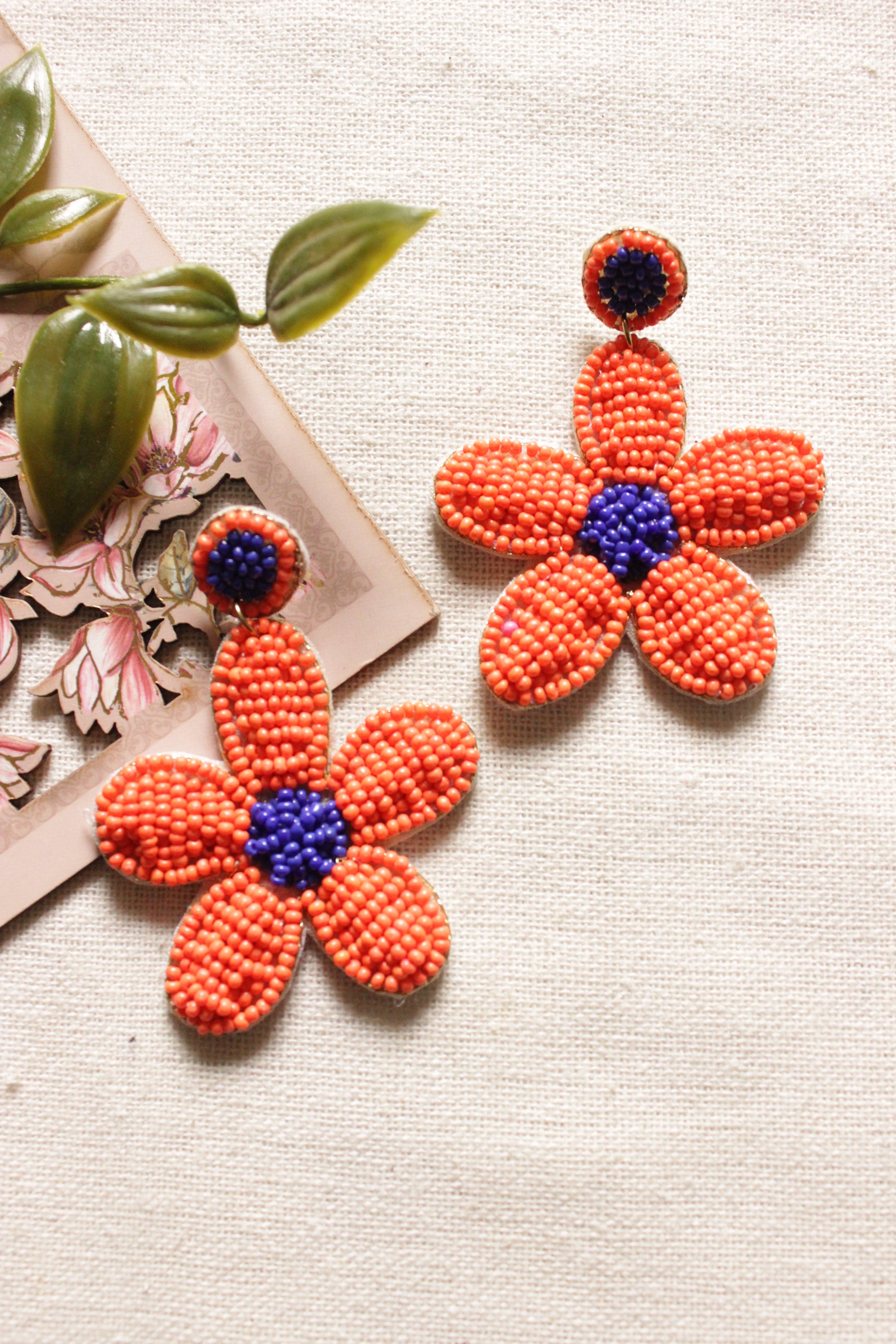 Violet and Orange Handmade Flower Shape Beaded Earrings