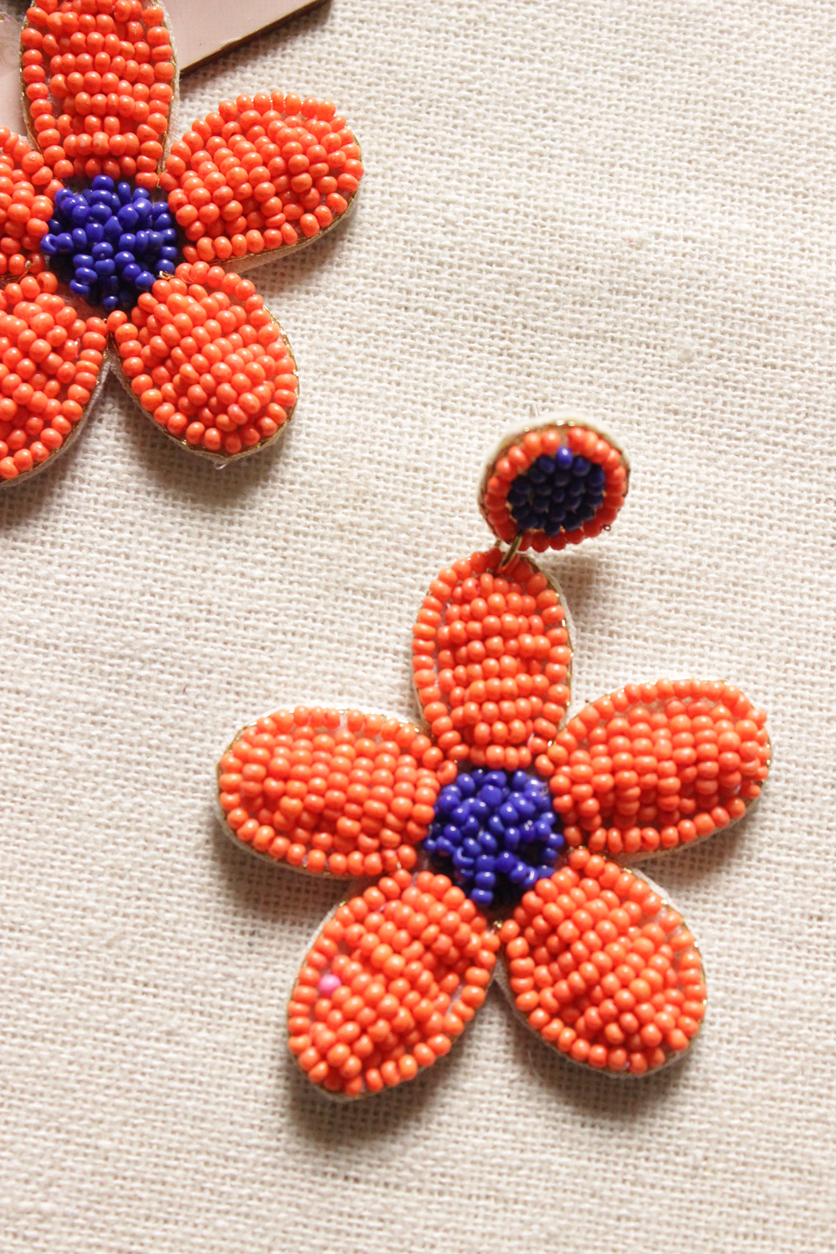 Violet and Orange Handmade Flower Shape Beaded Earrings