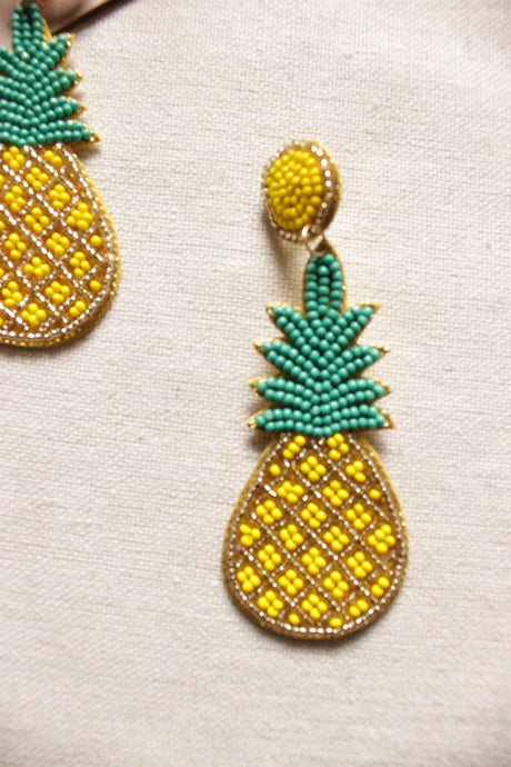 Turquoise and Yellow Handmade Pineapple Shape Beaded Fruit Earrings