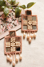 Load image into Gallery viewer, Mirror Work Peach and Off-White Handmade Elegant Square Beaded Earrings
