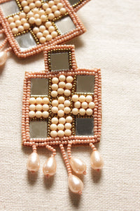 Mirror Work Peach and Off-White Handmade Elegant Square Beaded Earrings