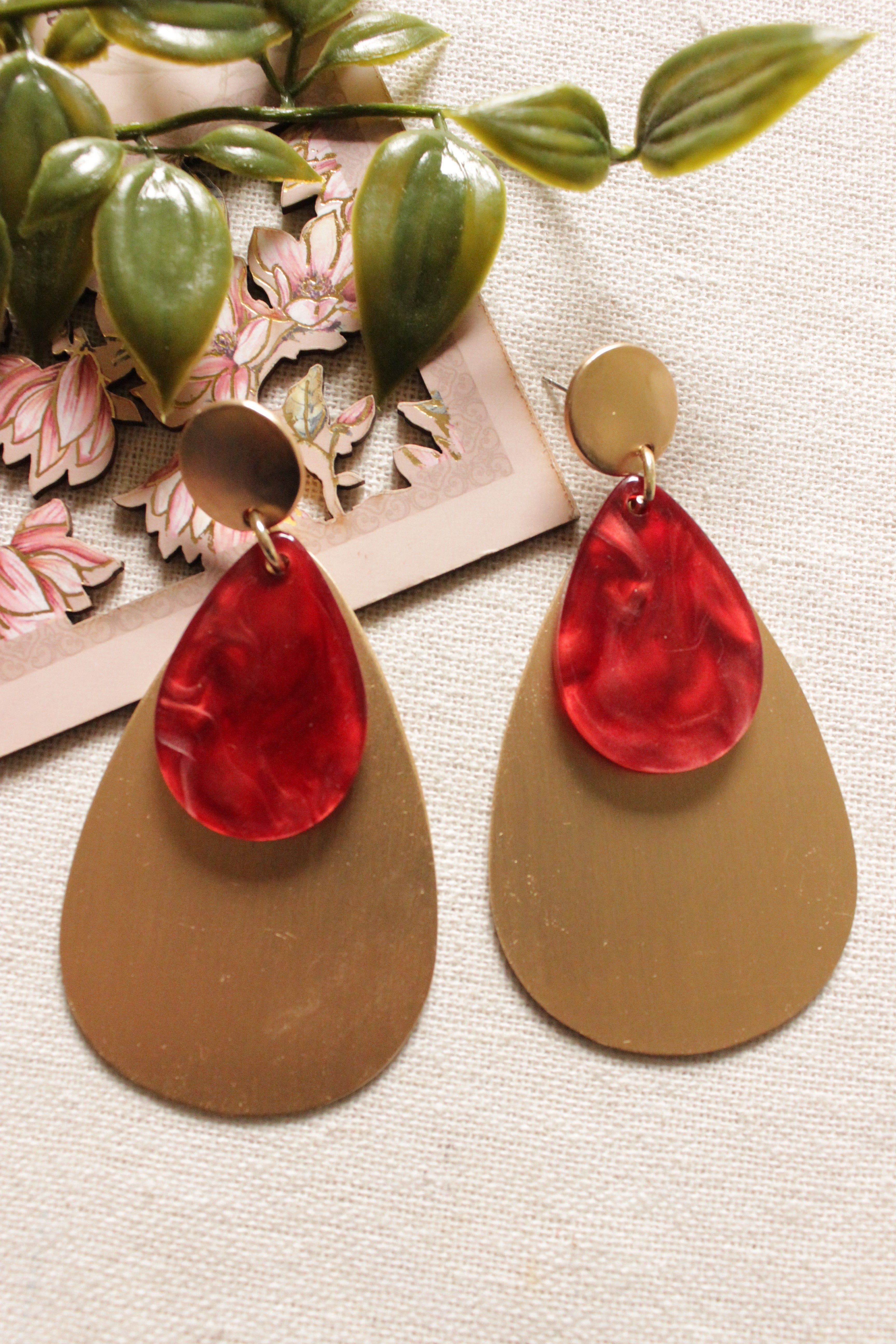 Gold and Red Tear Drop Metal Earrings