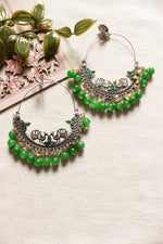 Load image into Gallery viewer, Peacock Motif Oxidised Finish Chandbali Earrings with Green Beads
