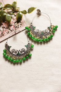 Peacock Motif Oxidised Finish Chandbali Earrings with Green Beads
