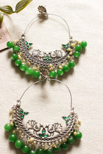 Load image into Gallery viewer, Peacock Motif Oxidised Finish Chandbali Earrings with Green Beads
