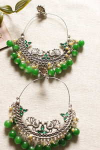 Peacock Motif Oxidised Finish Chandbali Earrings with Green Beads