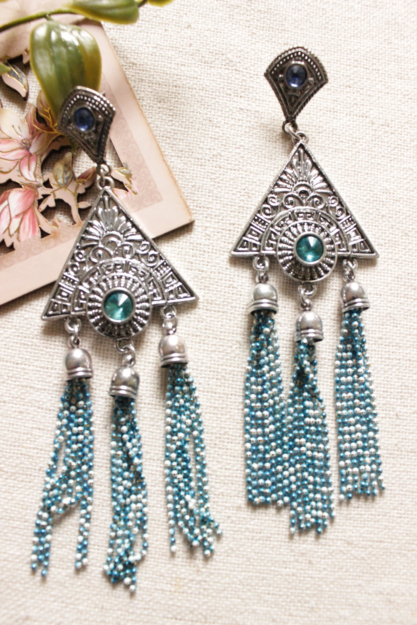 Triangular Premium Brass Earrings with Dangling Chain Strings