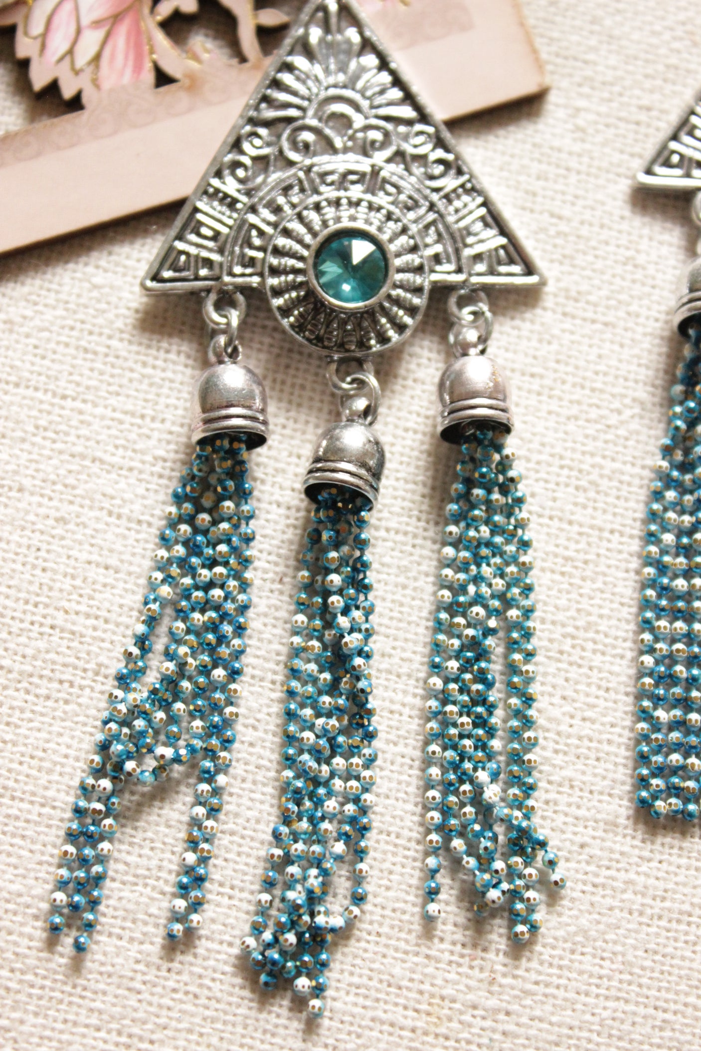 Triangular Premium Brass Earrings with Dangling Chain Strings