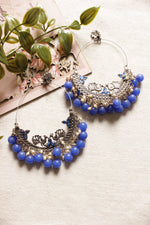 Load image into Gallery viewer, Peacock Motif Oxidised Finish Chandbali Earrings with Blue Beads
