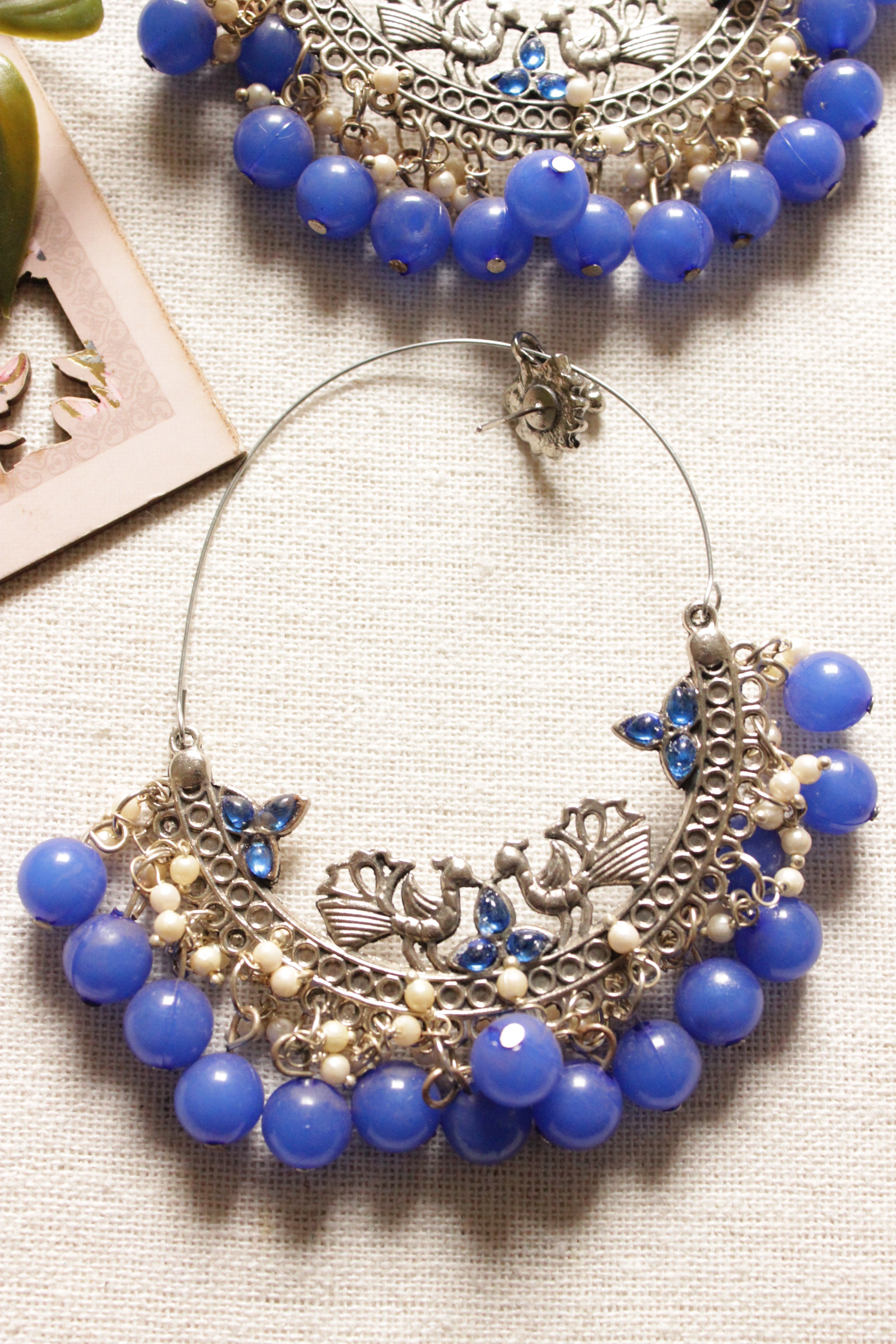 Peacock Motif Oxidised Finish Chandbali Earrings with Blue Beads