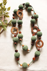 Fabric Balls and Wooden Charms Braided Handmade 2-Layer Necklace