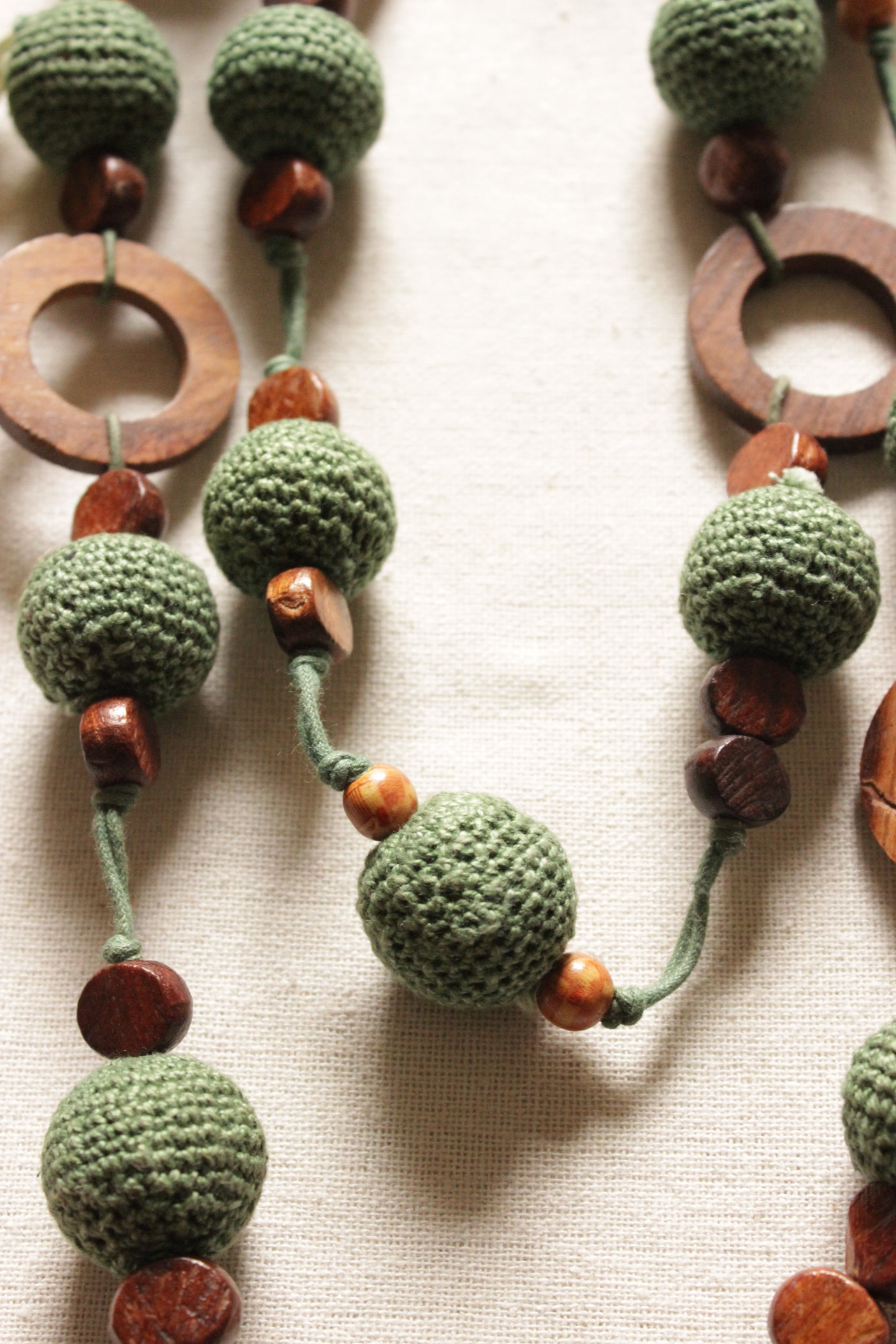 Fabric Balls and Wooden Charms Braided Handmade 2-Layer Necklace